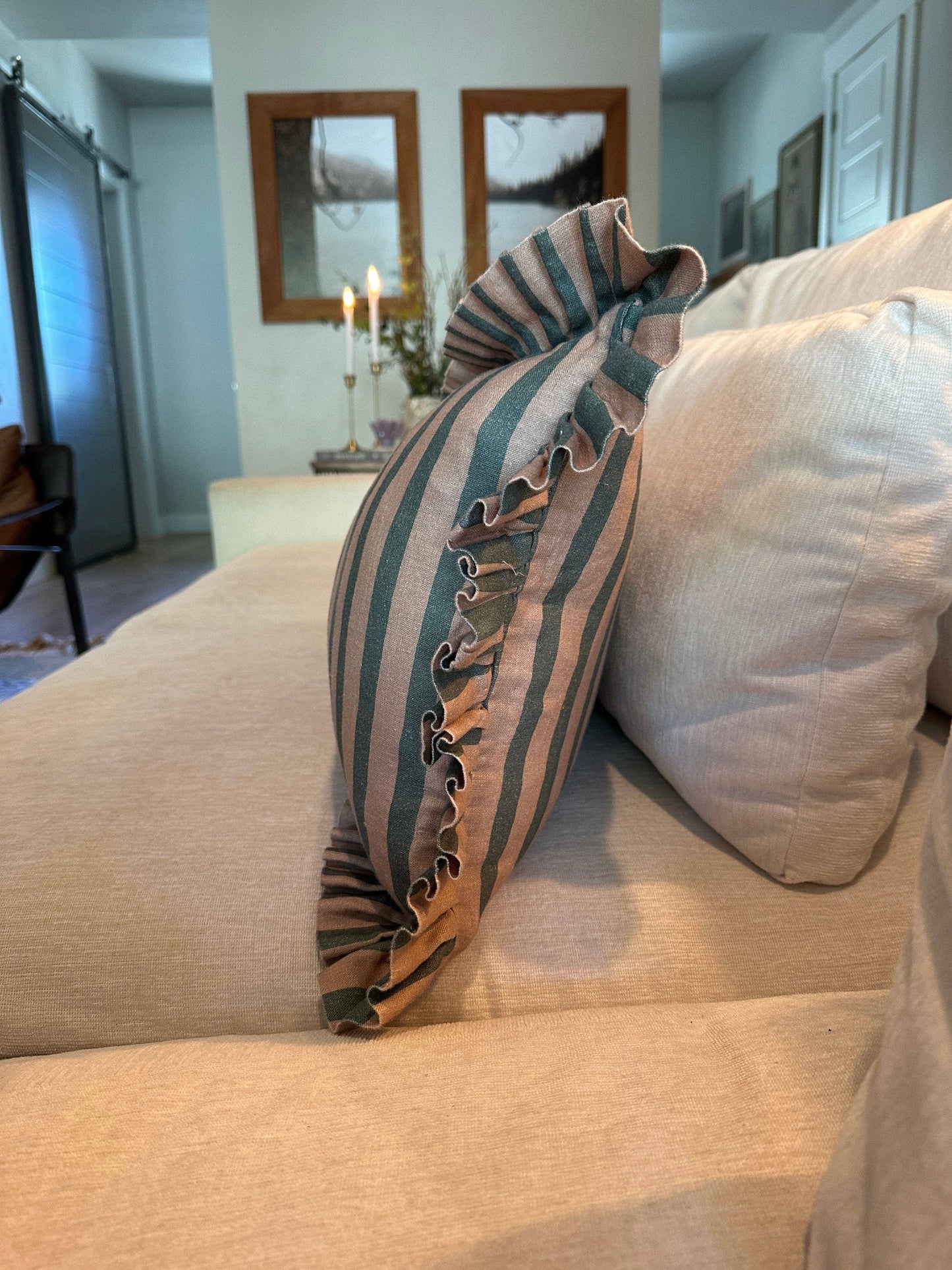 Striped-Ruffle Lumbar Pillow | Indigo