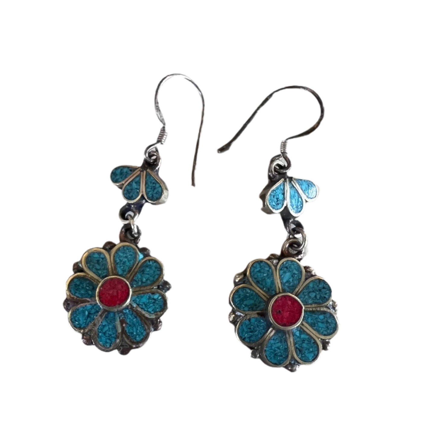 Vintage Native Turquoise, Coral, Sterling Silver Earrings