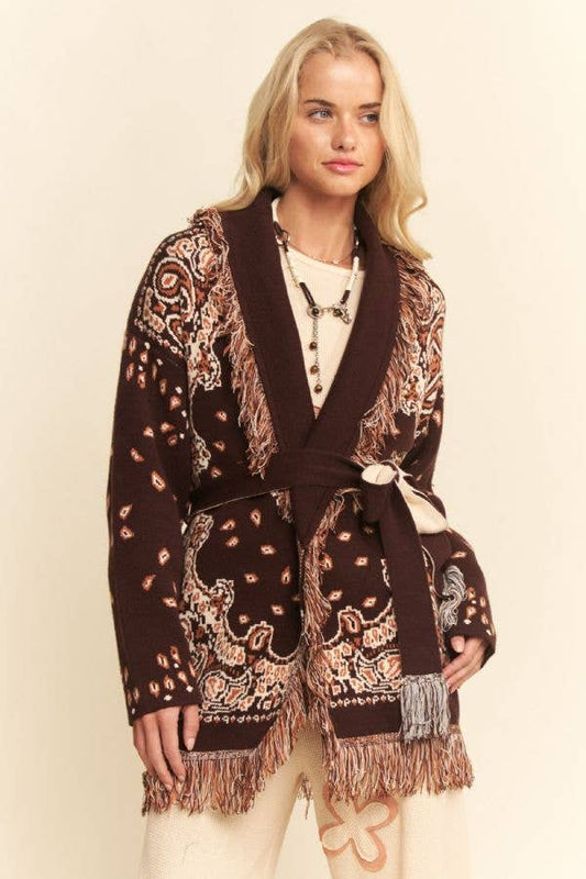 Fringe Trim Jacquard Cardigan with Belt