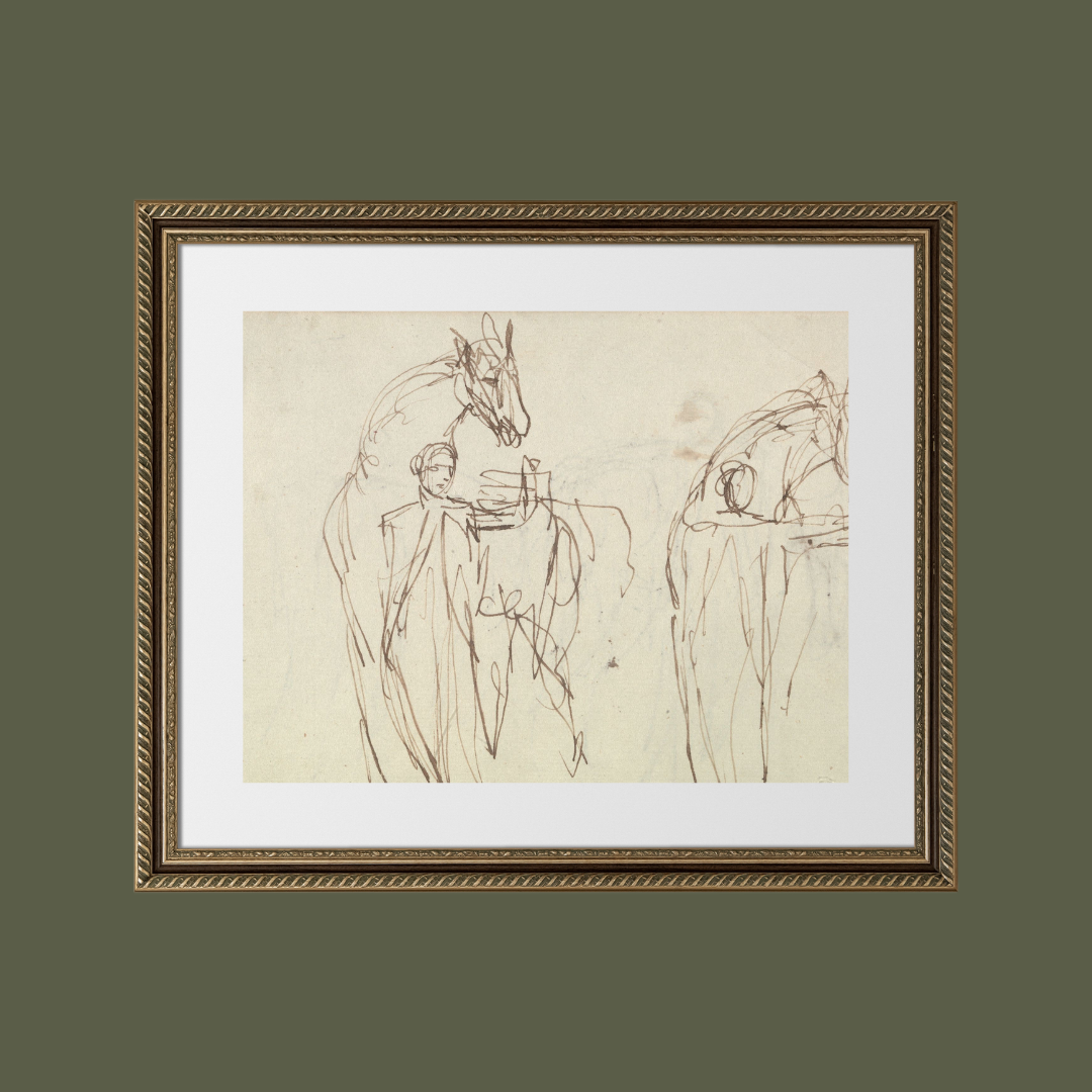 Horse & Man Sketch Antique Print