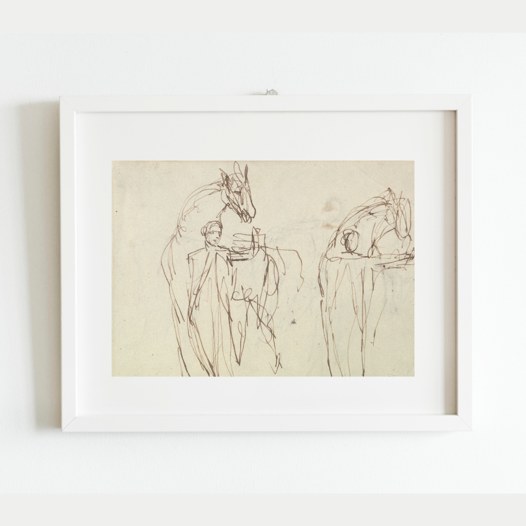 Horse & Man Sketch Antique Print