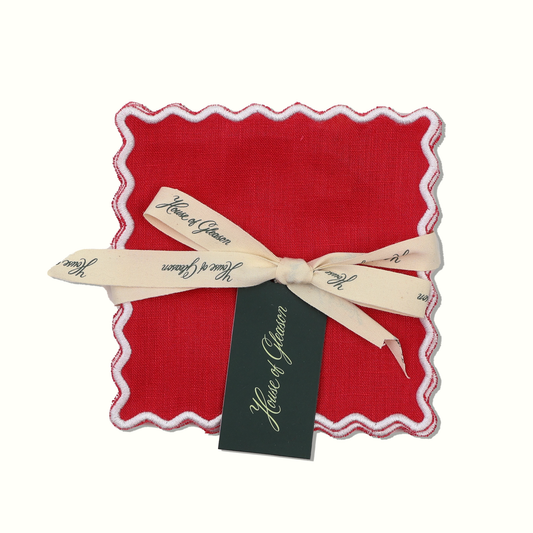 Red and White Linen Square Cocktail Napkins