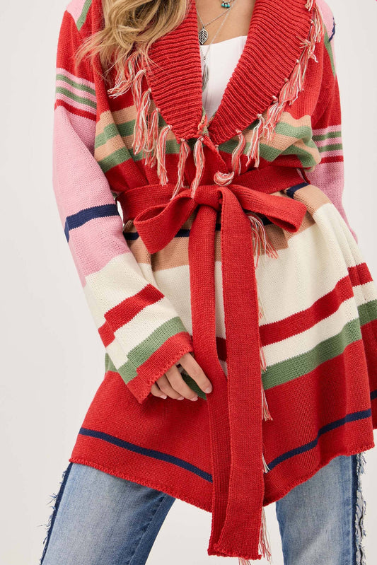 Fringe Trim Striped Cardigan with Belt