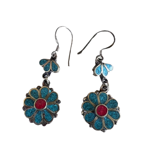 Vintage Native Turquoise, Coral, Sterling Silver Earrings