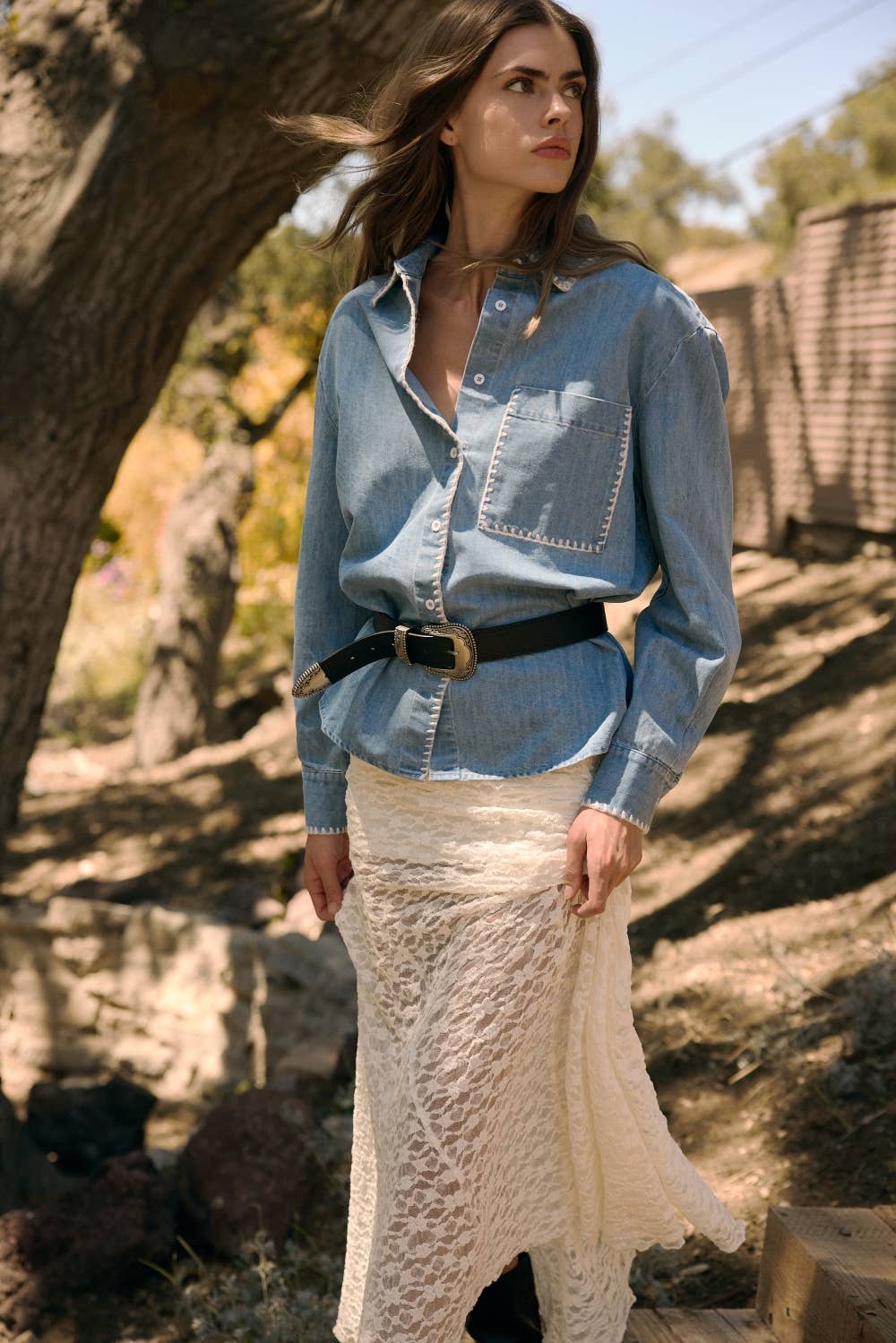 Embroidered Oversized Denim Shirt