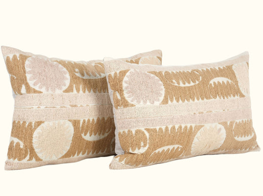 Vintage Suzani Lumbar Pillow | Faded Neutral